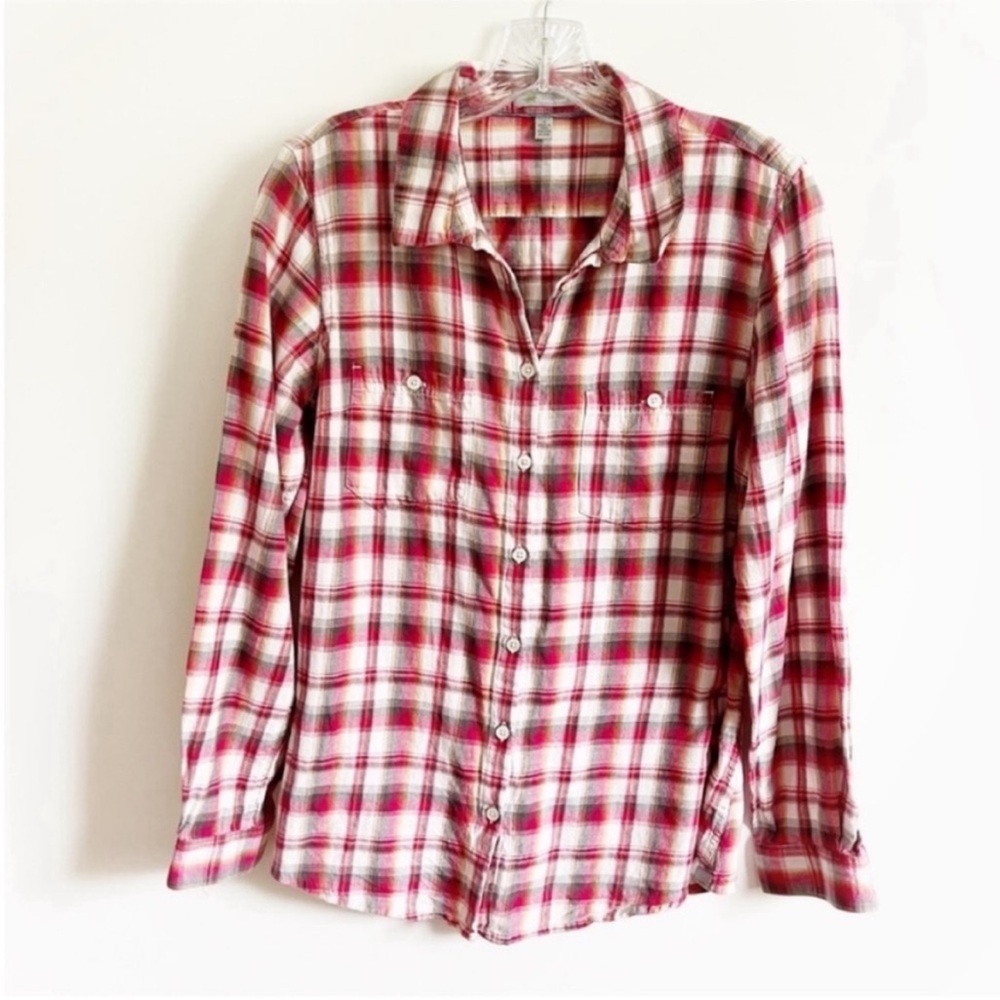 Horny Toad Mixologist shirt red plaid button down flannel adjustable